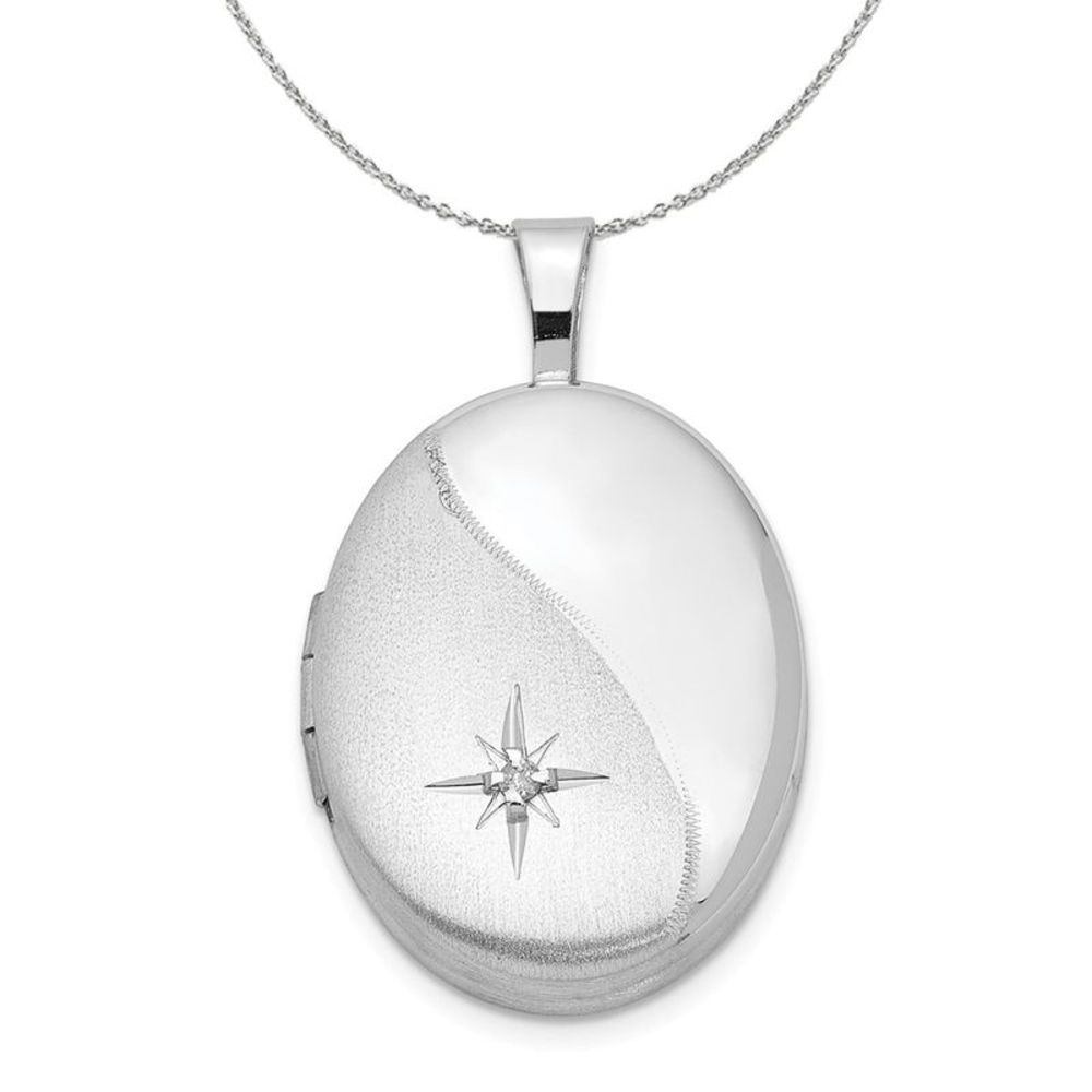 19mm Satin and Polished Diamond Oval Silver Locket Necklace - 16 In